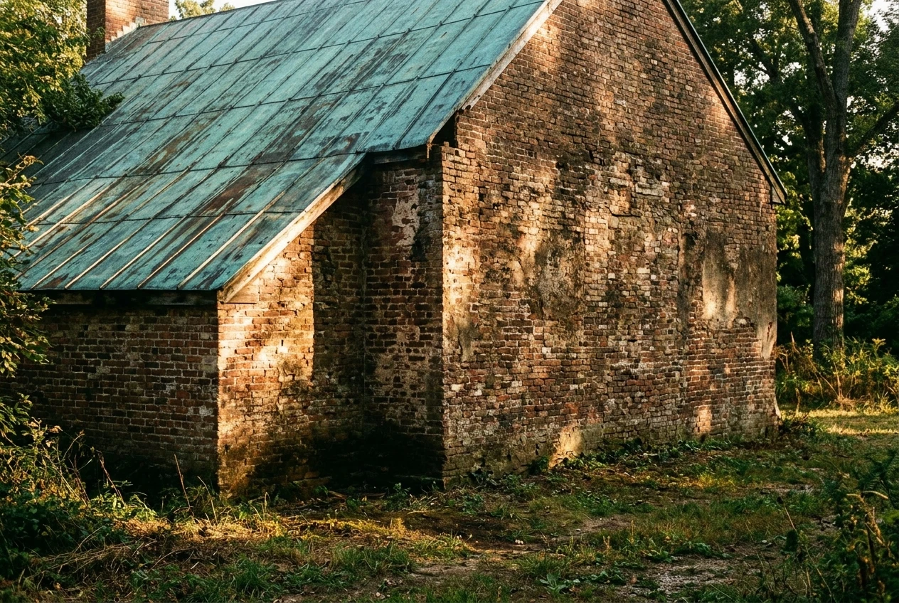 A building rendered with visible surface texture, weathered brick on one wall and an oxidized copper roof catching low afternoon sunlight from the left, a soft dark shadow pooling where the structure meets the ground plane.