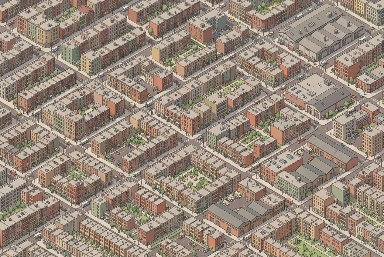 An isometric cityscape of varied low buildings arranged on one consistent grid with uniform block spacing, soft overhead light and a muted color palette, every rooftop sitting at a matching angle across the whole scene.