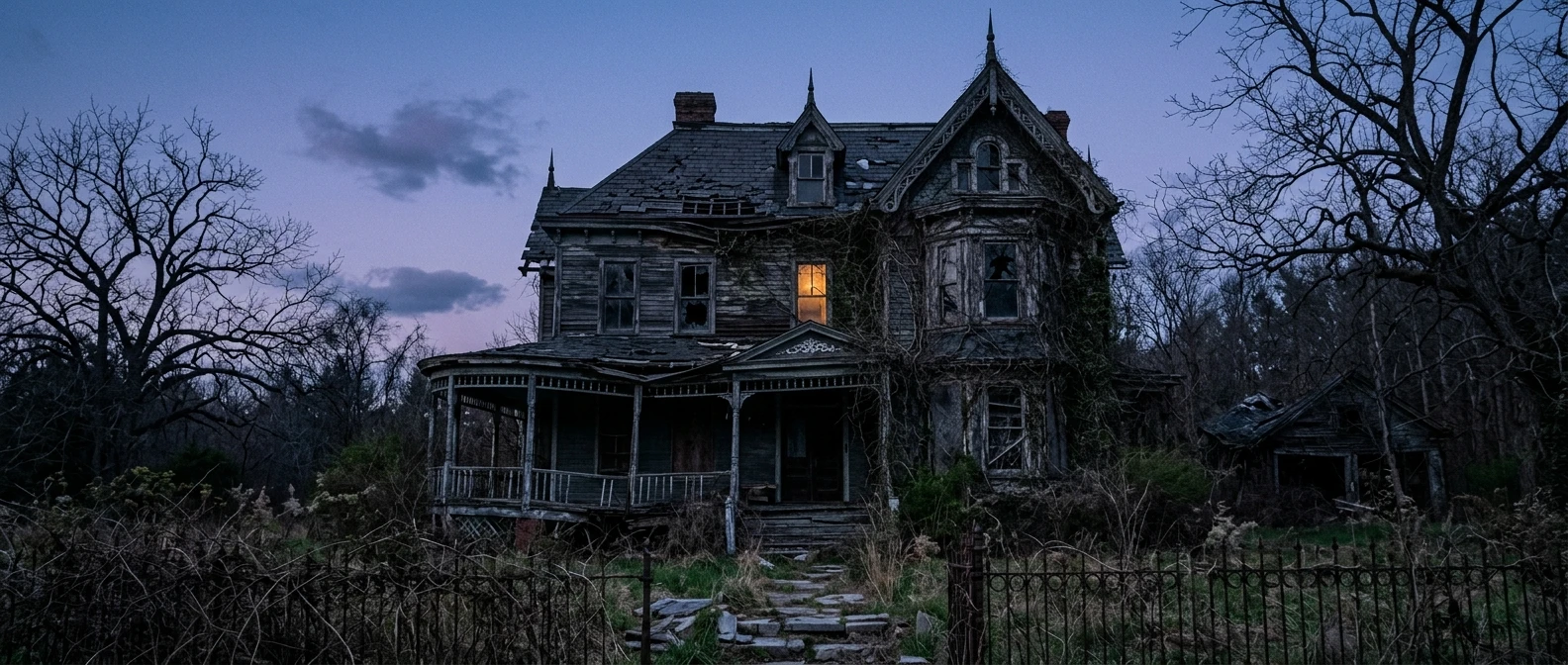 A decaying Victorian house exterior at dusk, sagging porch, broken windows, overgrown vines climbing the facade, one window glowing faintly with warm light against a cold blue sky.