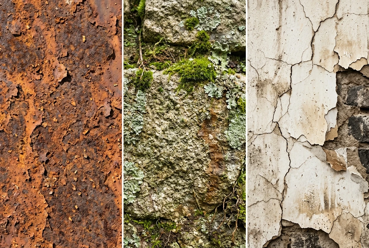 Split-style composition showing rusted metal, mossy stone, and cracked peeling plaster textures side by side in close detail, lit by soft directional light that reveals every grain and stain.