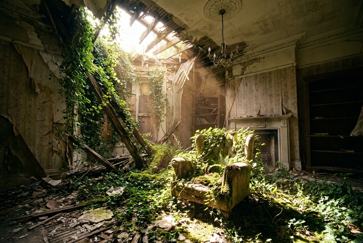 A collapsed Victorian living room ceiling with sunlight pouring through, ivy and moss creeping over a sagging armchair, dust motes glowing in the warm light beams.