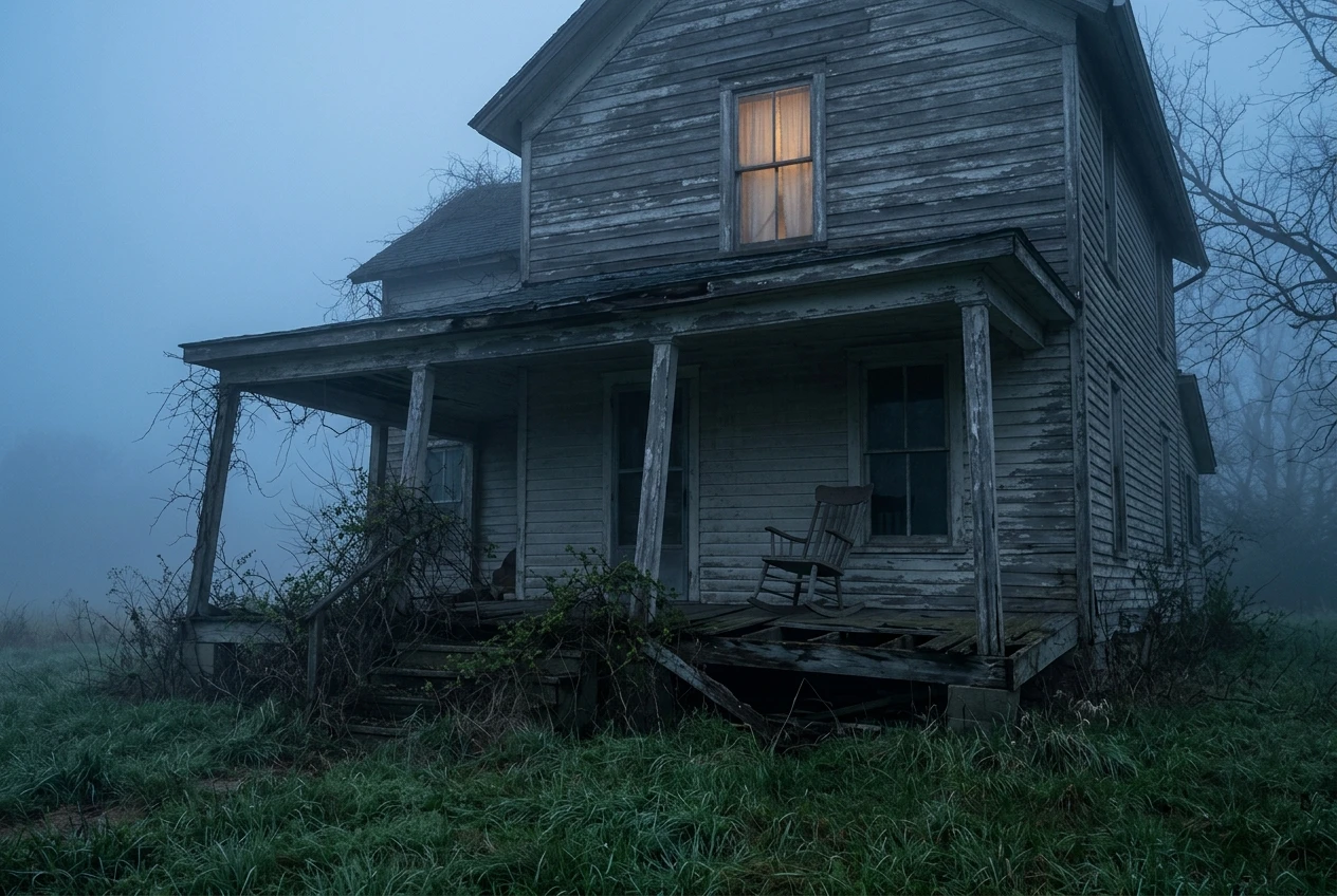 A sagging farmhouse porch at dawn wrapped in thick blue-grey fog, a tilted rocking chair and missing floorboards, a single upstairs window faintly lit within the mist.