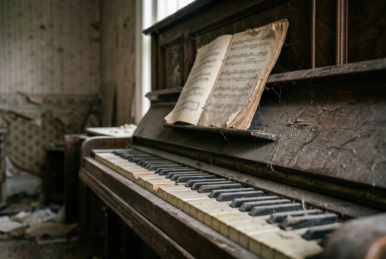 Close-up of a dust-covered upright piano in a dim abandoned parlor, yellowed keys, open sheet music, soft window light raking across the dusty wood surface.