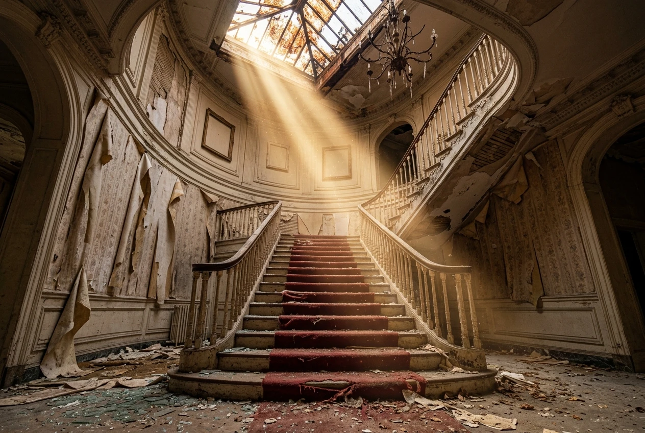 A grand staircase inside an abandoned mansion with golden afternoon light slicing through a broken skylight, dust floating visibly in the beam, faded red carpet runner and peeling wallpaper along the walls.