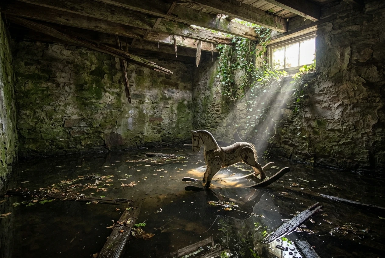 A flooded basement room with still dark water reflecting broken ceiling beams, moss-covered stone walls, a child's rocking horse half-submerged near a single shaft of light from a ground-level window.