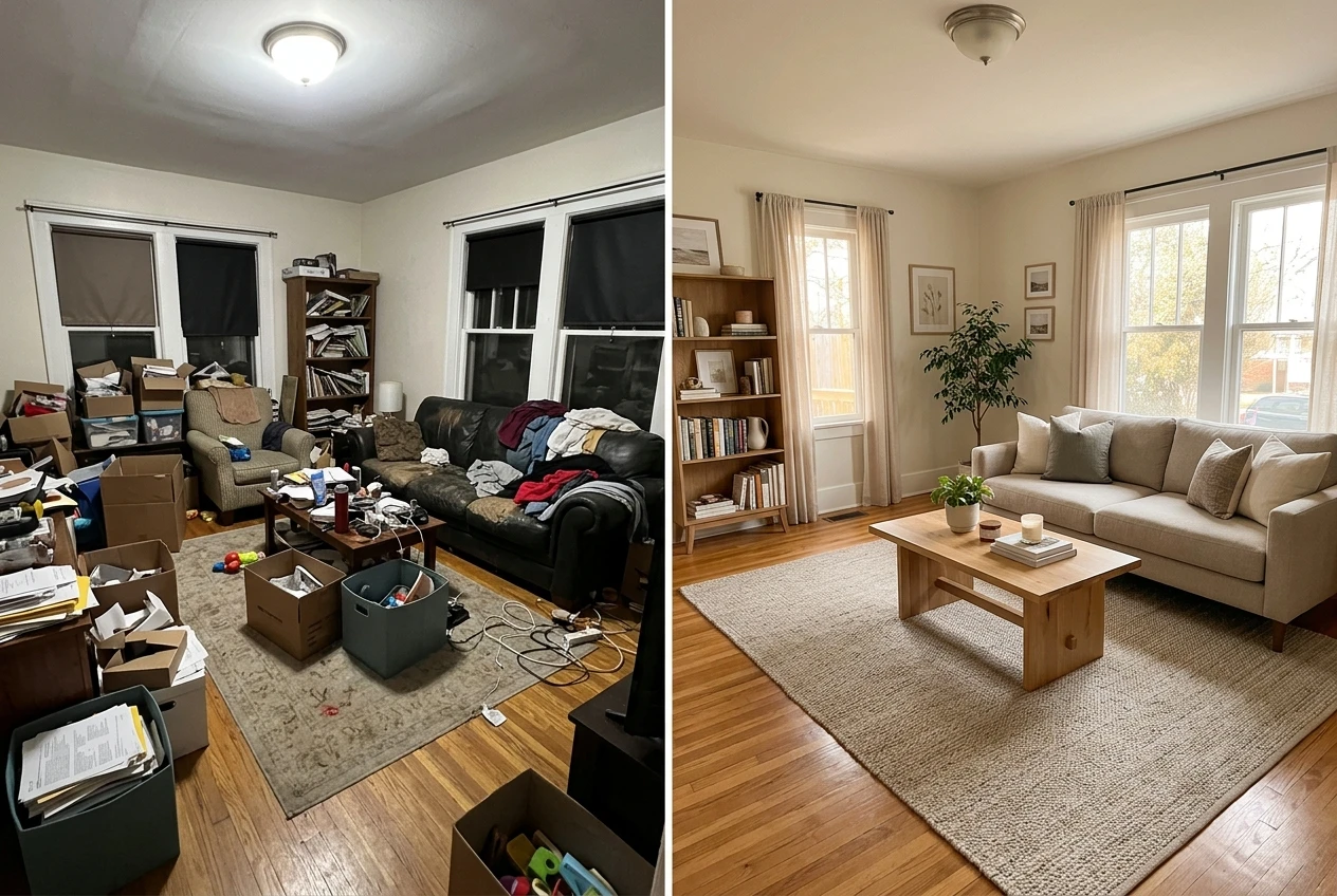 A split-screen comparison of the same living room: on the left, a cluttered space with boxes, mismatched furniture, and harsh overhead light; on the right, the same room transformed with warm natural light, a neutral sofa, coffee table, and area rug over the hardwood floor.