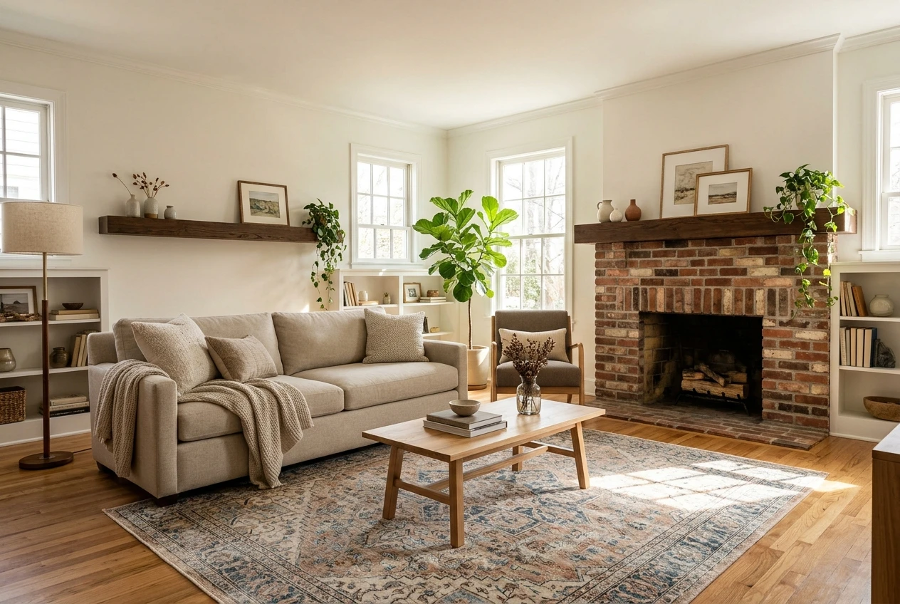 A bright living room with hardwood floors and a brick fireplace, staged with a neutral sofa, a wooden coffee table, and a patterned area rug, sunlight streaming in through tall windows.