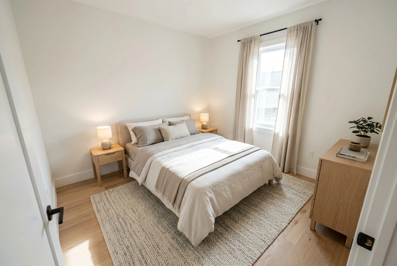 An empty bedroom being virtually furnished: a queen bed with light wood nightstands and dresser, a neutral area rug, and simple curtains, scaled to fit the small room's proportions.