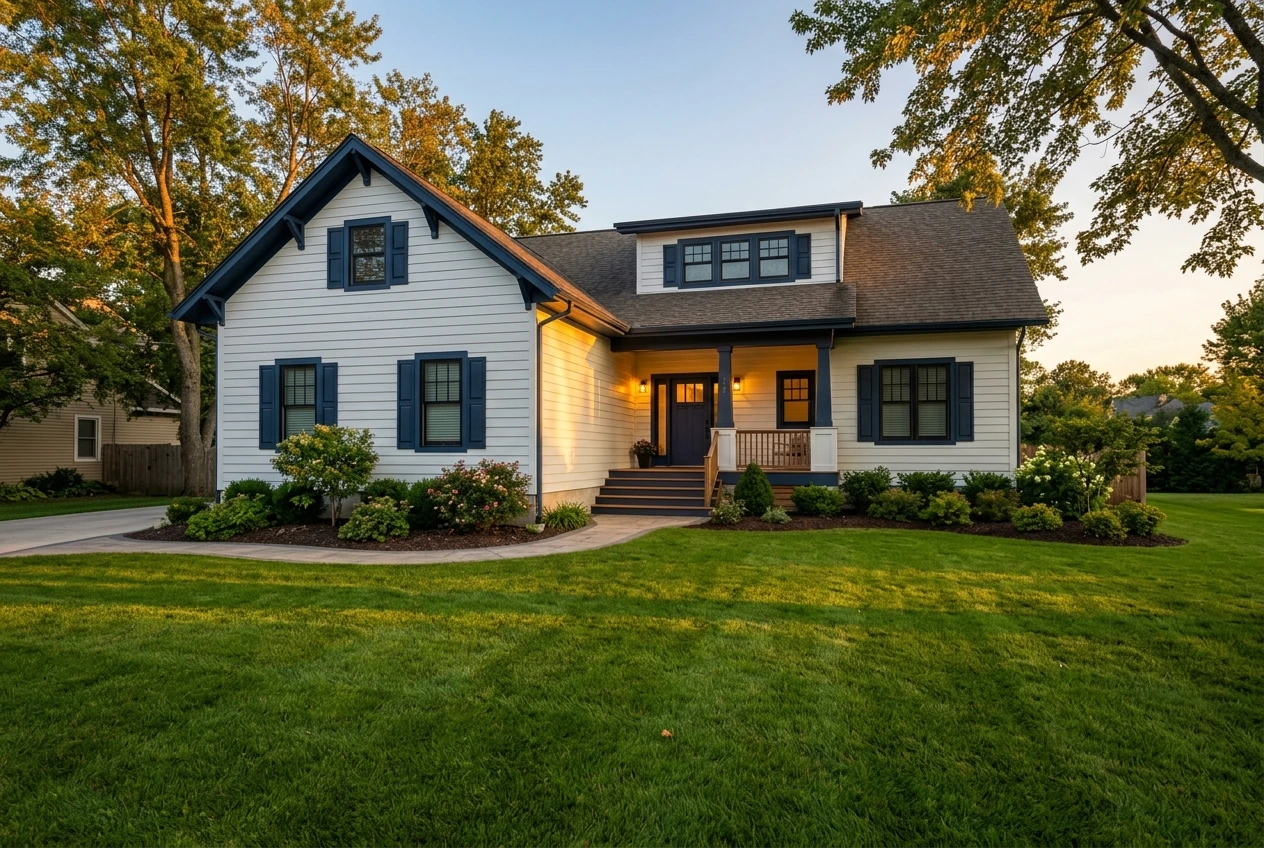 The front exterior of a house at golden hour, with a lush even green lawn, crisp white siding and navy trim, and warm sunlight washing over the facade under a clear blue sky.