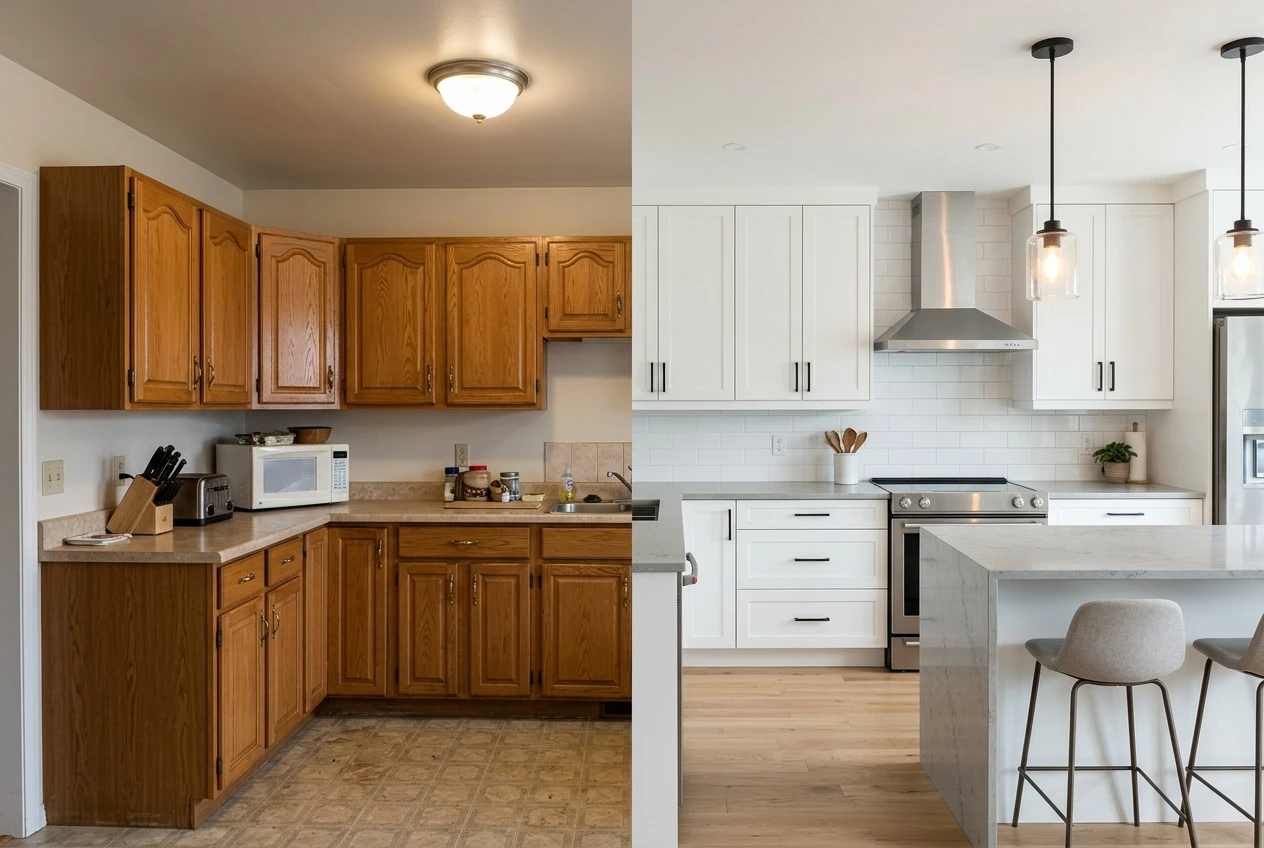 A dated kitchen with oak cabinets and laminate counters on one side transitioning into a renovated version with flat-panel white cabinets, light gray quartz counters, and modern pendant lights over the island.