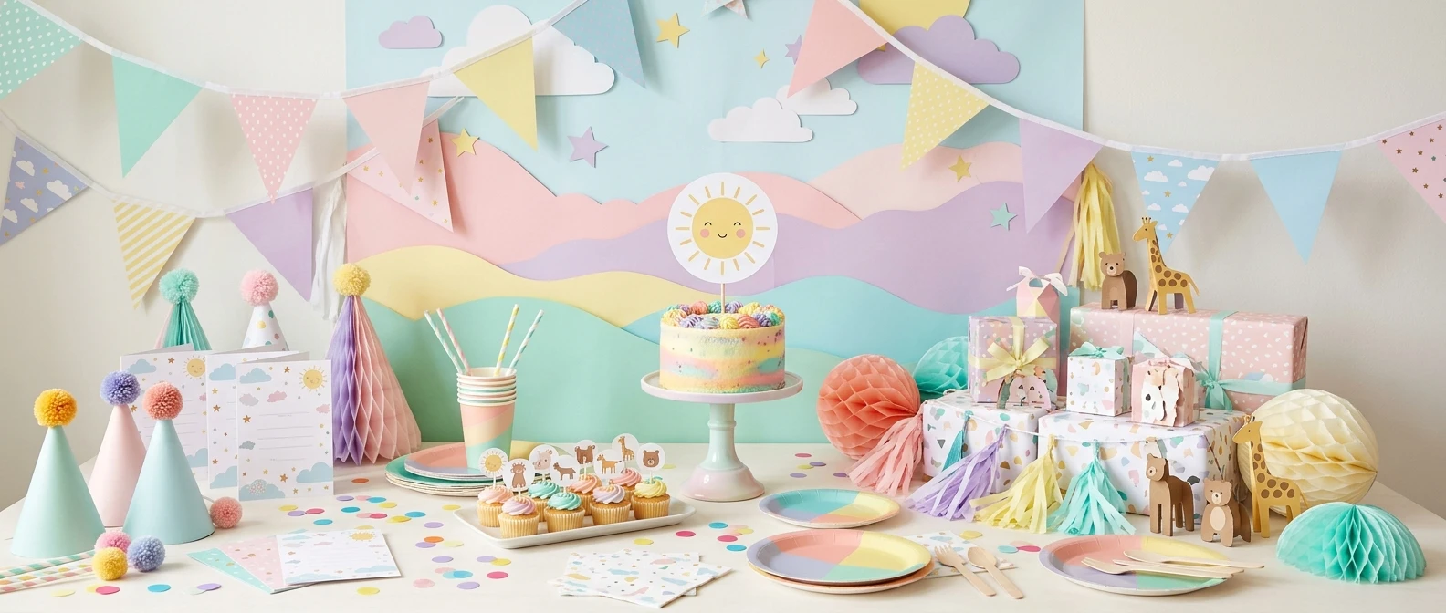 A toddler's birthday table set against a colorful paper backdrop, with matching invitations, a round cake topper and bunting flags all sharing the same bright flat-illustration style and pastel palette, soft natural light.