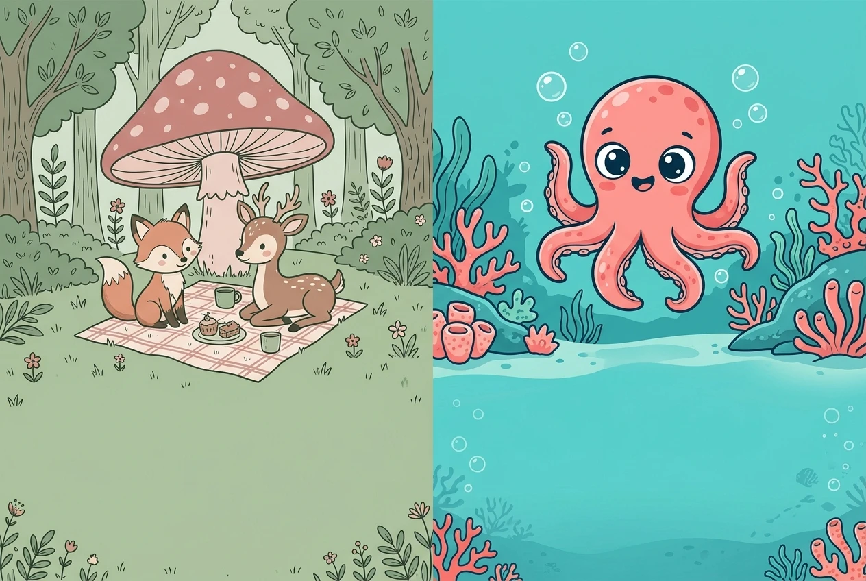 Side by side square invitation designs: a flat illustration of a baby fox and baby deer picnicking under a toadstool in sage green and dusty rose, next to a bold cartoon baby octopus surrounded by bubbles and coral in turquoise and coral pink, both with space left at the bottom for text.