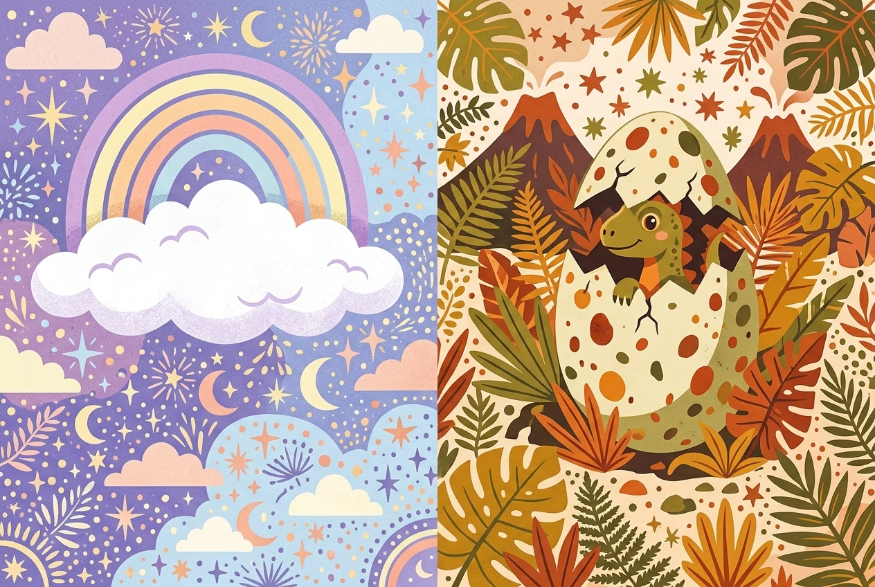 Two flat illustrations side by side: a fluffy white cloud with a rainbow arching over it in lavender and buttercream pastels, and a cracked speckled dinosaur egg with a baby dinosaur peeking out in olive green and burnt orange, each in a square invitation layout.