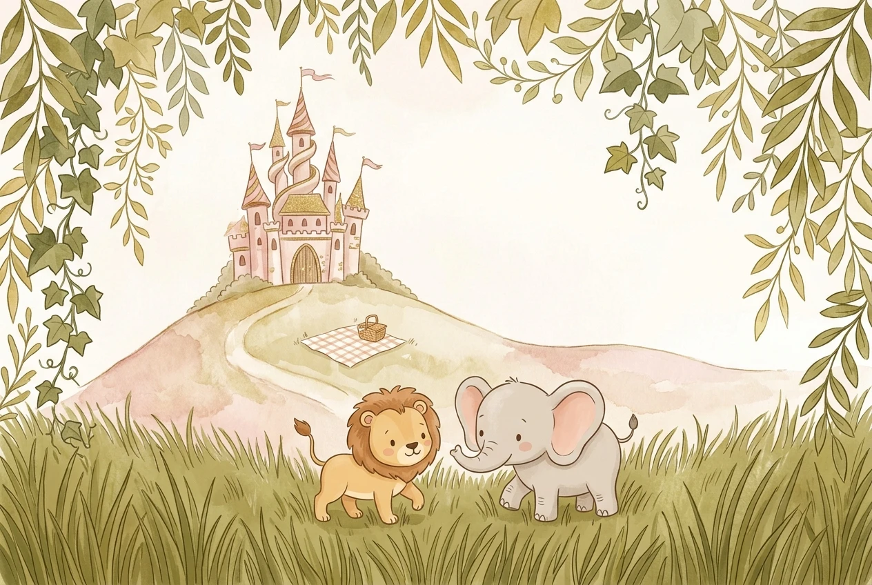 A fairy tale castle on a hill with a picnic blanket and basket in soft watercolor blush pink and gold tones, paired with a flat cartoon illustration of a baby lion and baby elephant walking through tall olive-green grass bordered by leaves and vines.