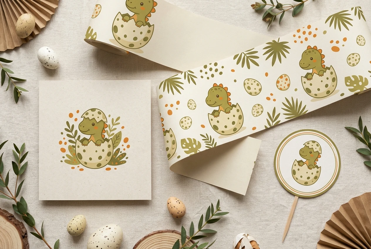 The same cheerful baby dinosaur hatching from a speckled egg rendered three ways: centered on a square invitation, repeated as a pattern across a wide horizontal backdrop banner, and isolated inside a circular cake topper, all in matching olive, orange and cream colors.