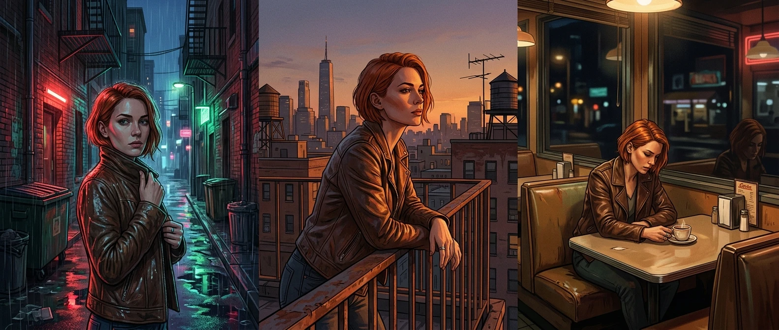 A split, triptych-style illustration of the same woman character — sharp cheekbones, short copper hair, brown leather jacket, silver ring — appearing in three distinct scenes: a neon-lit rainy alley, a warm rooftop at dusk, and a quiet diner booth, each with different lighting and mood but the same