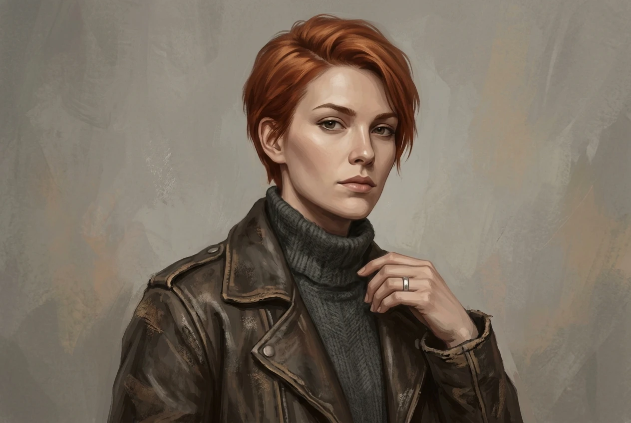 A clean reference portrait of the anchor character against a plain neutral background: a woman in her late twenties with sharp cheekbones, short copper hair swept to one side, wearing a weathered brown leather jacket over a dark gray turtleneck, a silver ring visible on her hand, rendered in a muted