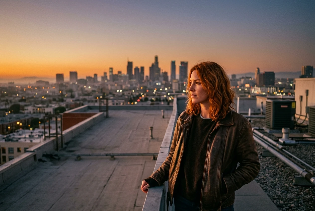 The same copper-haired woman in her brown leather jacket standing at the edge of a city rooftop at dusk, skyline silhouetted behind her, warm orange light washing over her face and jacket, wide shot composition.