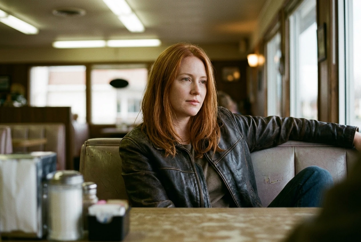 The same copper-haired woman in her brown leather jacket seated relaxed in a diner booth, soft fluorescent light overhead, close-up framing on her face and shoulders, a quiet contrast to the earlier rooftop and stairwell scenes.