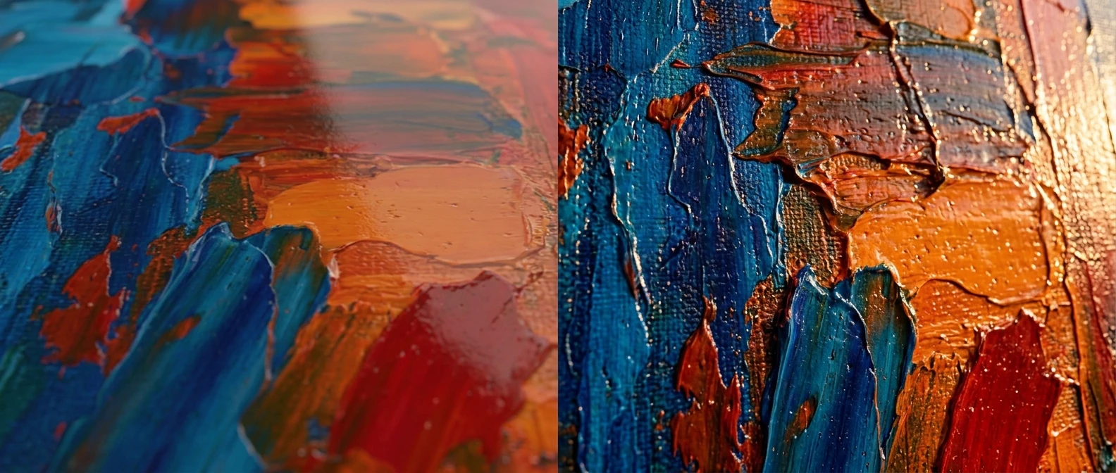 An extreme close-up split comparison: on the left a flat, glossy digital rendering of a painted surface with no texture, on the right a genuine oil painting surface with thick ridges of paint, palette knife scrapes, and warm raking light catching the raised brushstrokes.