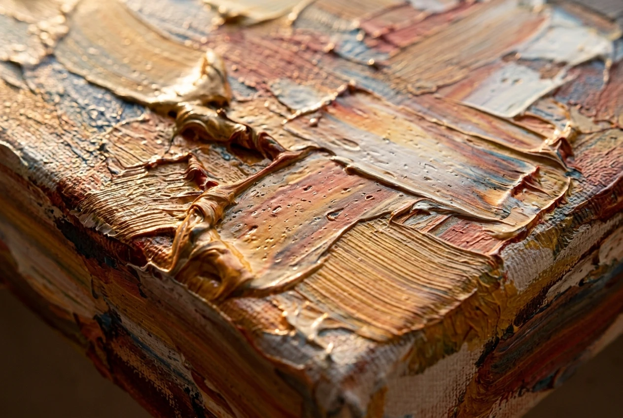 A macro shot of a painted canvas corner showing thick impasto ridges of paint standing up off the surface, palette knife scrape marks in a bright highlight, and directional brush drag lines catching warm side light.