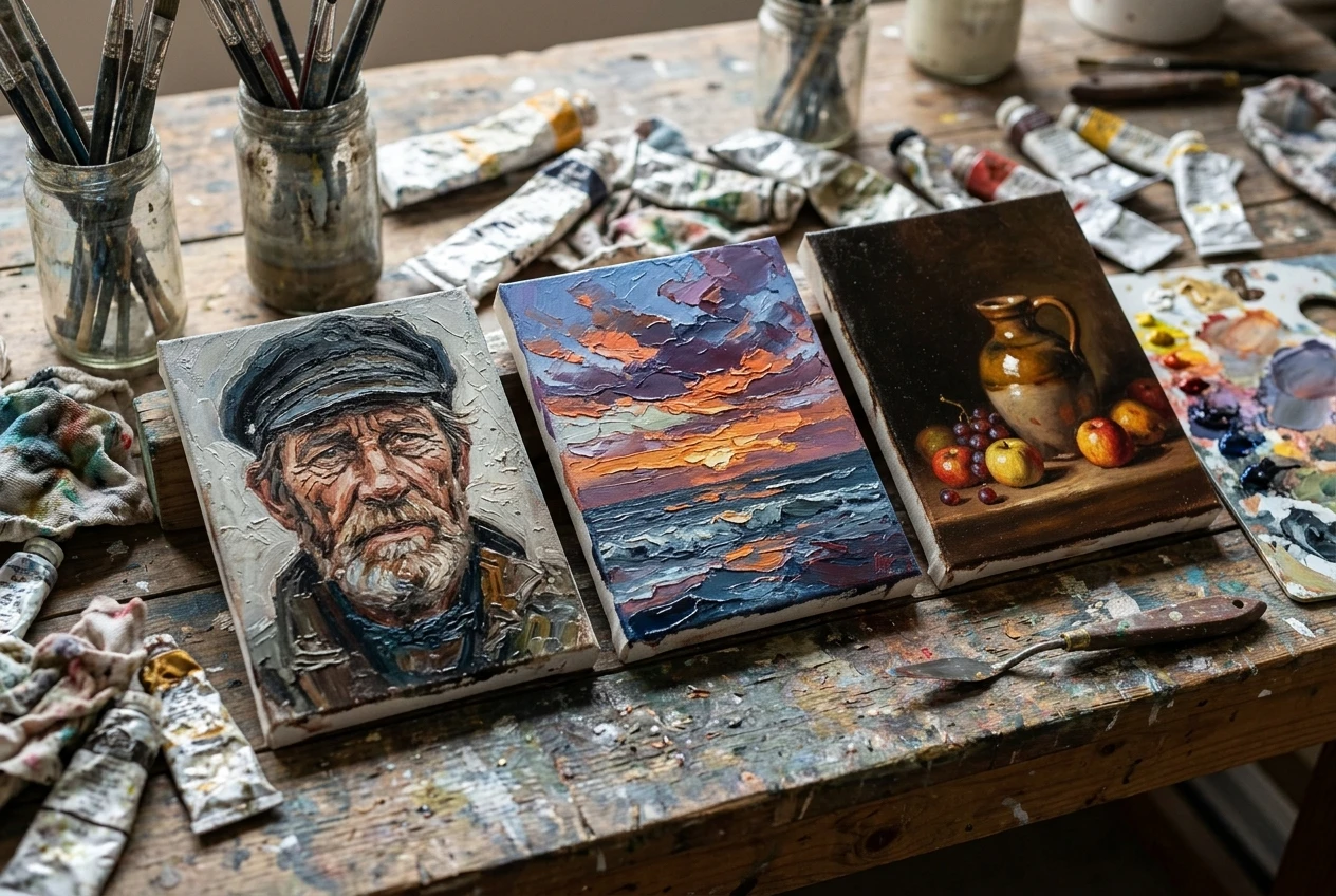 Three small painted studies side by side on an artist's table: a textured portrait of a weathered fisherman's face, a palette-knife coastal sunset with thick clouds, and a classical still life of fruit and a ceramic jug under warm directional light.