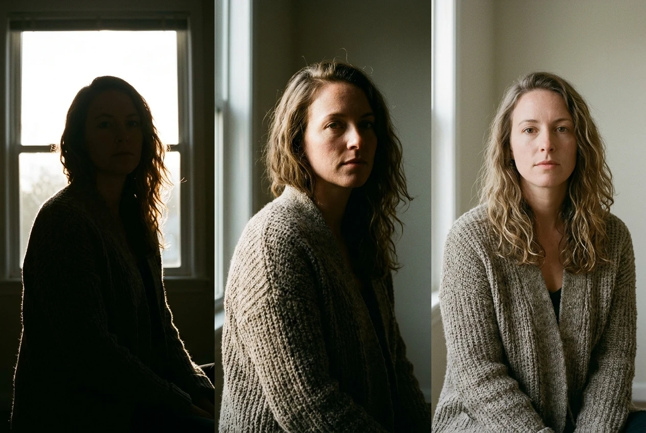 A split-frame style comparison showing the same figure photographed three ways: one silhouetted against a bright window with a glowing rim of light tracing hair and shoulders, one lit from the side so skin texture and fabric weave are visible, and one flatly front-lit and plain.