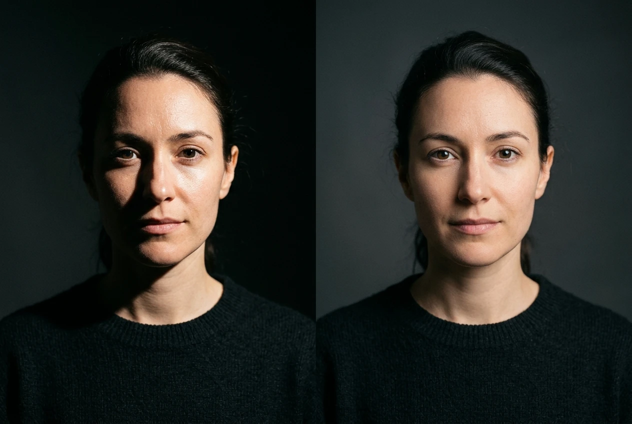 Two side-by-side portraits of the same subject: the left one lit by a small hard spotlight casting sharp, dark-edged shadows across the face, the right one lit by a large diffused softbox producing gentle, barely-there shadow gradients.