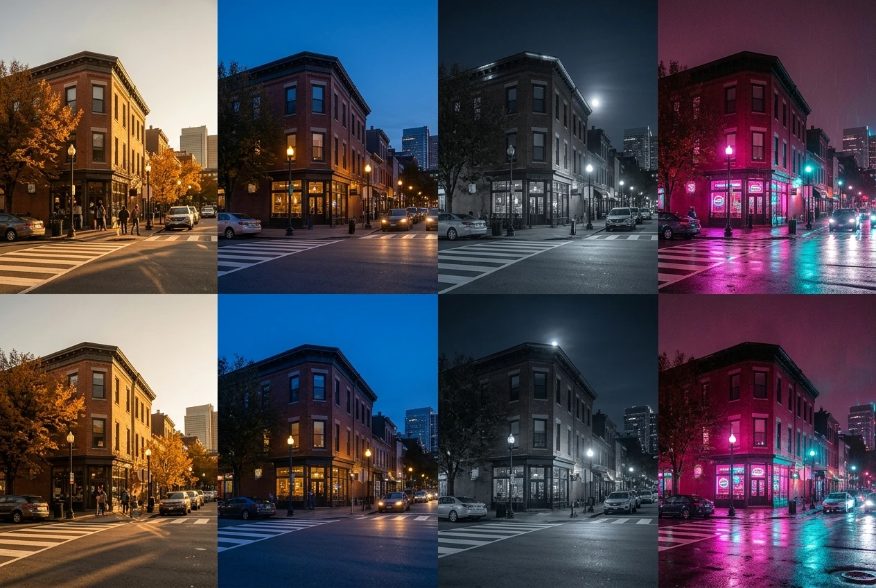 A row of four small scenes of the same city street corner, each under a different light: warm amber golden-hour glow with long shadows, cool deep-blue dusk light, pale silvery moonlight, and a saturated pink-and-cyan neon wash.