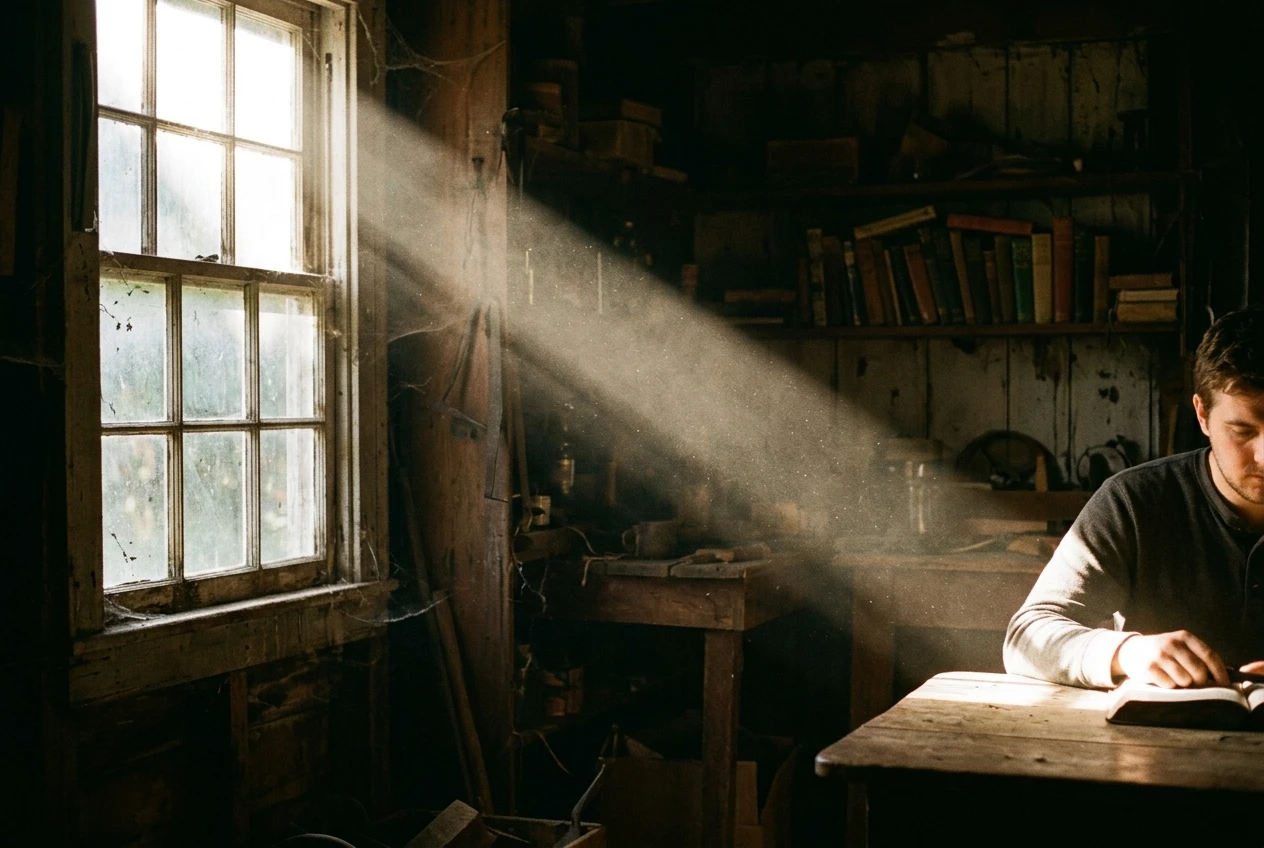 A dim interior with a single shaft of sunlight breaking through a dusty window, visible as a solid beam of light cutting through haze and landing on part of a figure while the rest of the room stays in deep shadow.