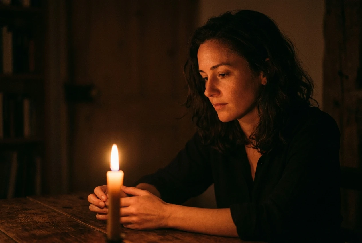 A quiet indoor portrait lit only by a candle to one side, warm flickering light catching the edge of the face and hands while the background falls into soft brown shadow, illustrating the warm-and-intimate lighting combination.