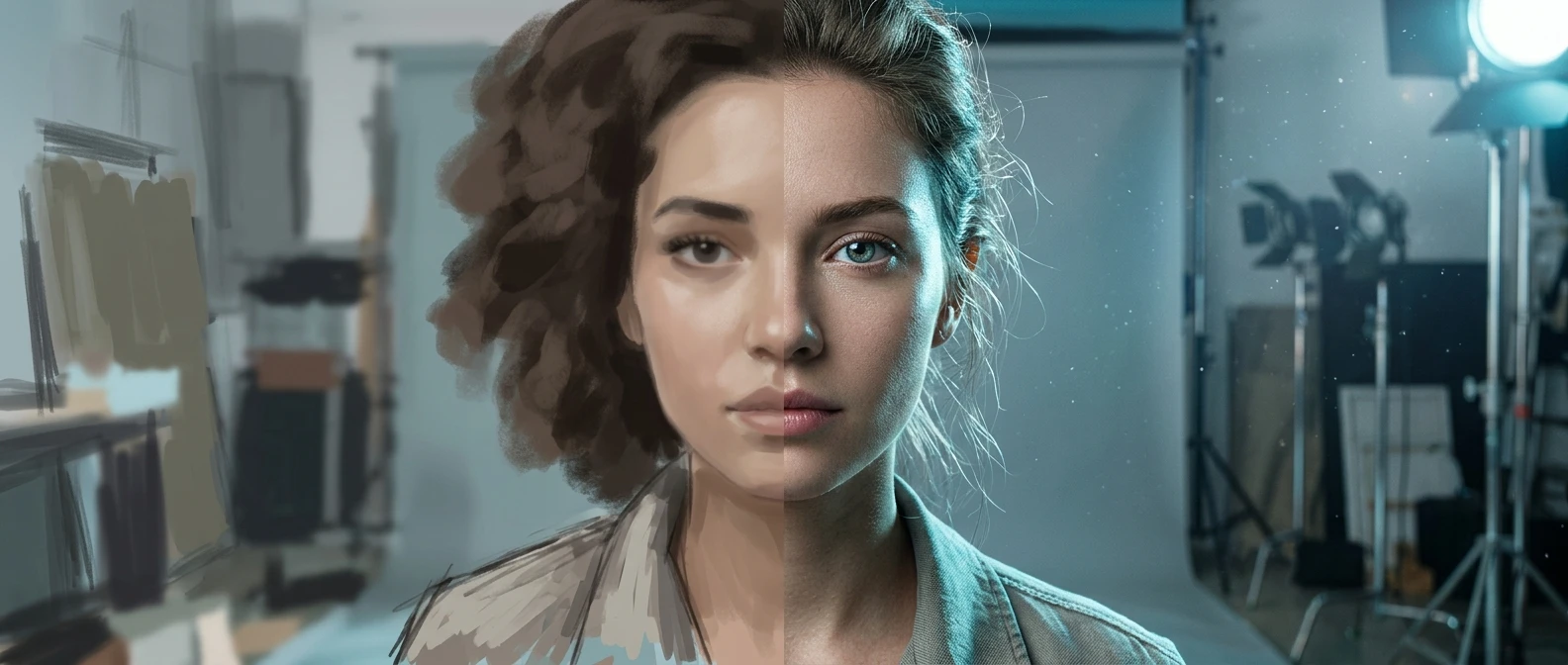 A split-screen portrait of a digital painting: the left half soft and waxy with blurred hair strands, the right half sharp with crisp skin texture and defined hair, lit by a cool studio light, illustrating the gap between a draft render and a finished one.
