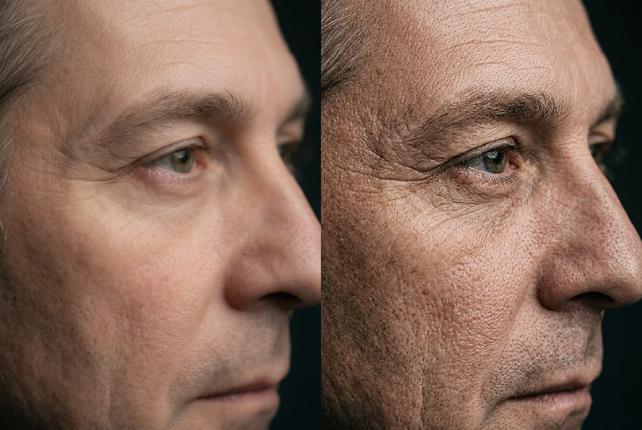 Two close-up crops of the same AI-generated face side by side on a dark background: one slightly soft and smooth from a low detail strength setting, the other sharper but with faintly odd extra wrinkles and skin texture from an overly aggressive detail strength.