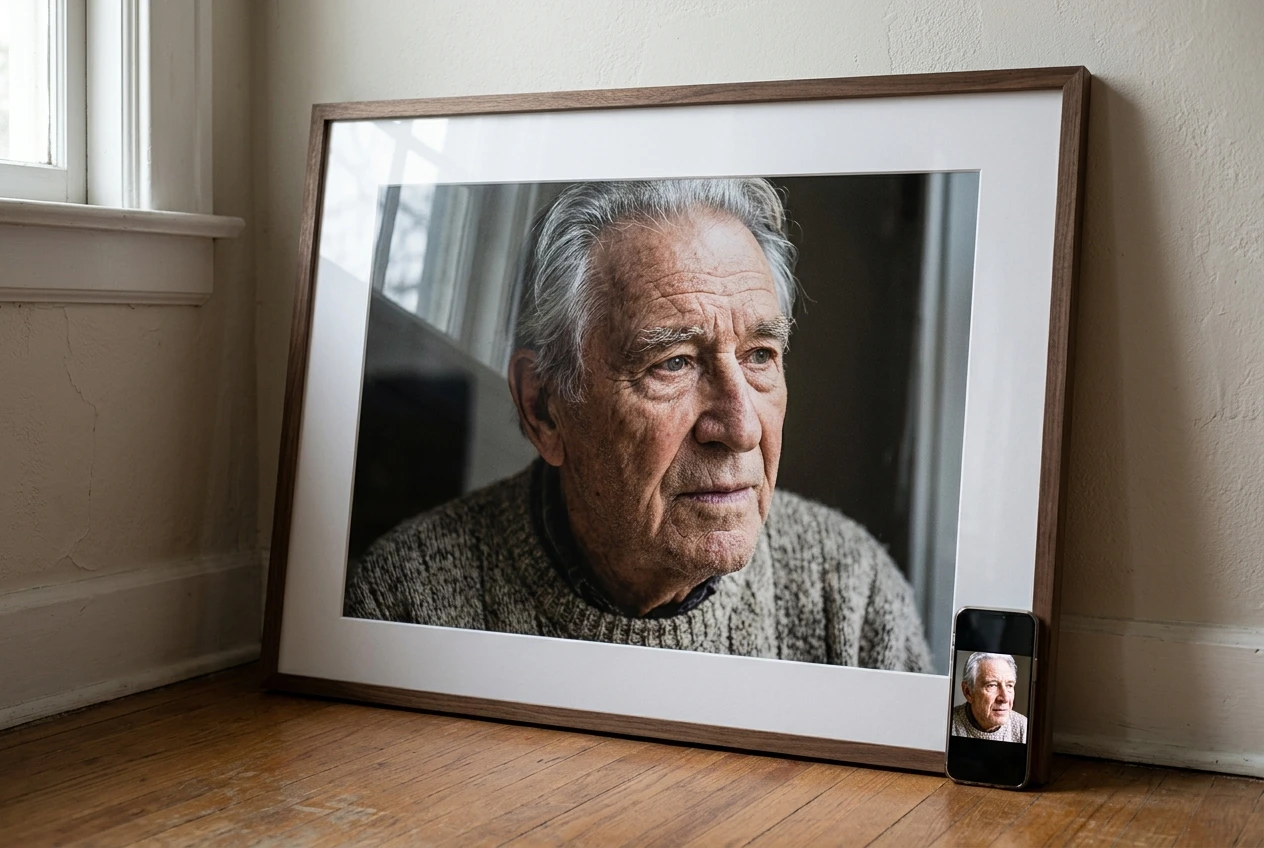 A large framed print of a detailed portrait leaning against a wall beside a smartphone displaying the same image small on its screen, showing how much more resolution the print version needs to look equally sharp.