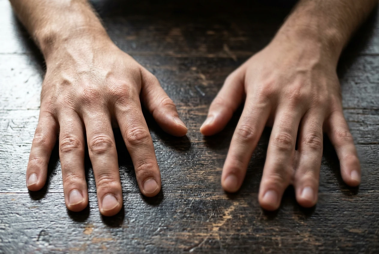 A close-up of two AI-rendered hands resting on a table, one with crisp distinct fingers and clean joints, the other slightly blurred with fingers that merge together, lit from the side to emphasize the texture difference.