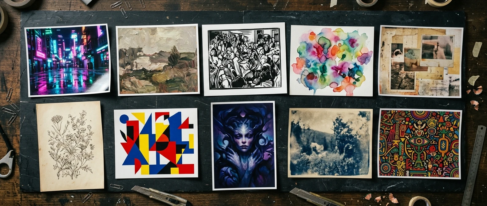 A wide contact-sheet style arrangement of ten AI-generated artworks laid out on a dark table, each one rendered in a wildly different style and palette — one glossy and neon, one muted and painterly, one stark black-and-white — making clear they look like the work of ten different artists rather tha