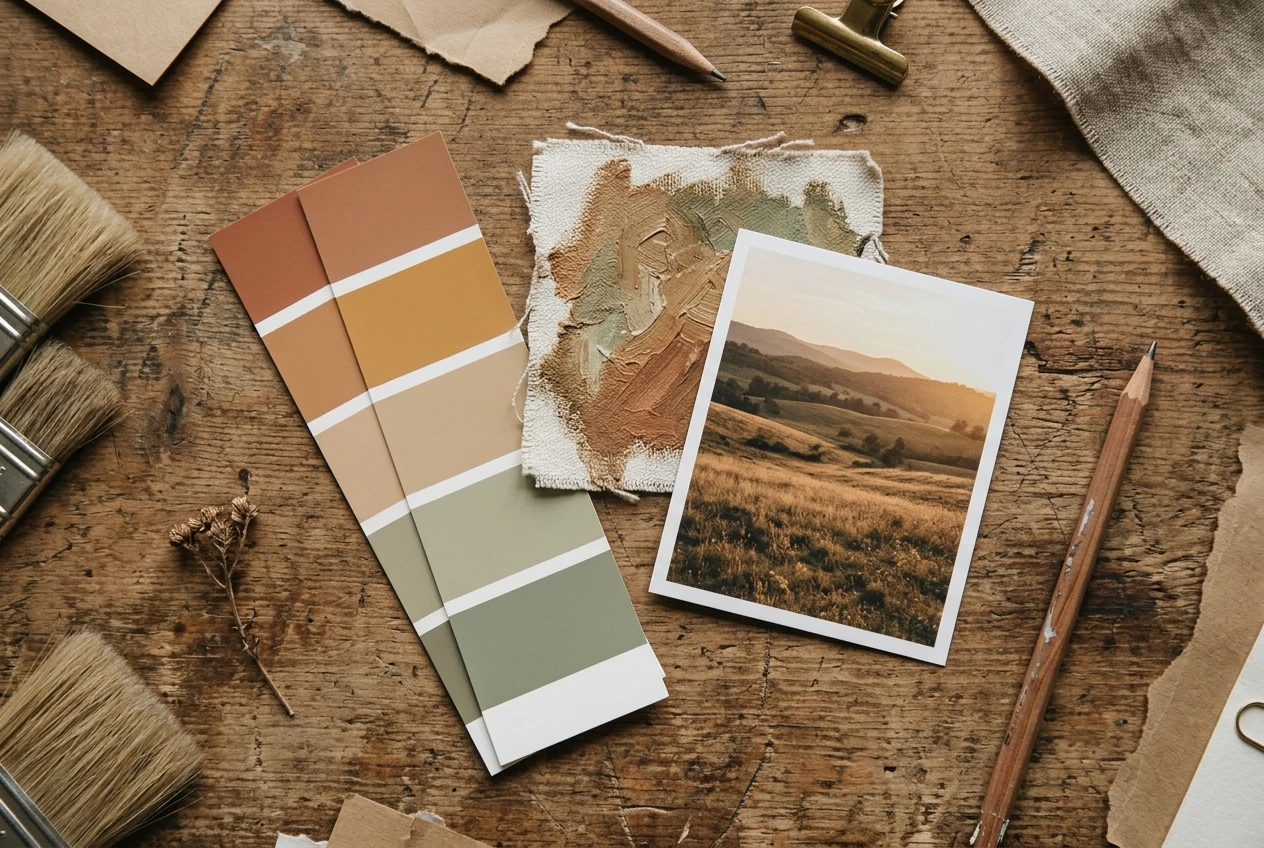A small flat-lay of swatches on a desk: a strip of muted earth-tone paint chips, a scrap of textured canvas showing visible brushwork, and a printed card with a soft golden-hour lighting reference, arranged together like the physical ingredients of a single consistent look.