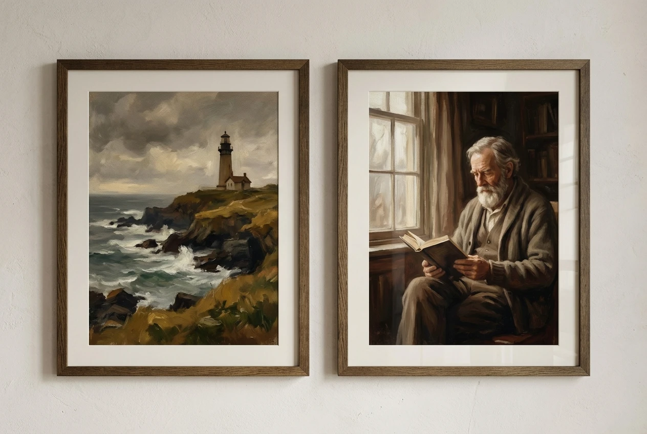Two framed images side by side on a wall — a lighthouse on a cliff and an old man reading by a window — both rendered in the exact same painterly style, soft diffused lighting, and muted earth-toned palette, showing how one style seed carries across completely different subjects.