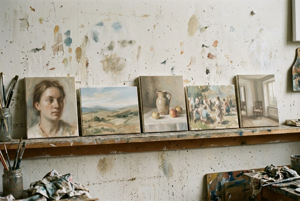 A row of five small canvases propped against a studio wall — a close-up portrait, a wide landscape, a still-life of objects, a scene with multiple figures, and an interior room — each painted in the identical soft, muted, painterly style to show the anchor holding steady across every subject.
