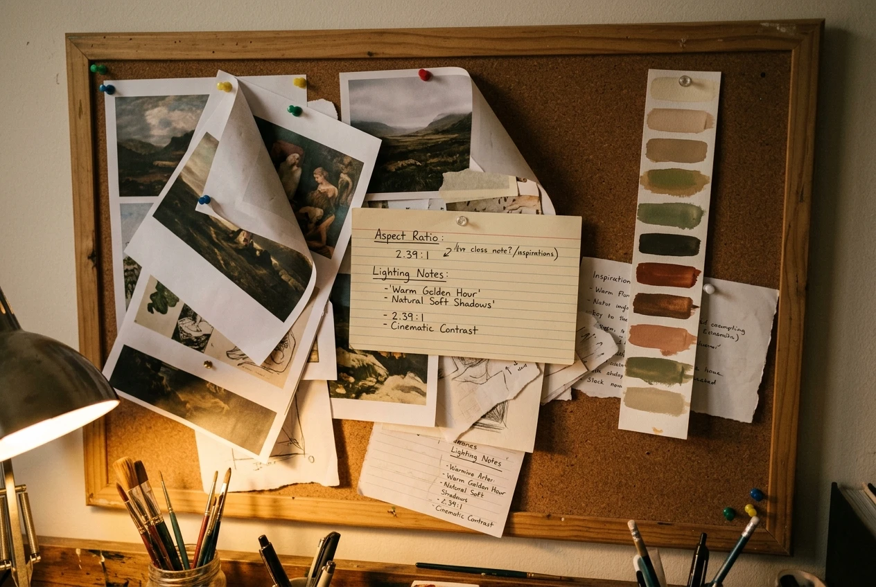 A corkboard above a desk pinned with printed reference images, a strip of color swatches, and a handwritten index card listing aspect ratio and lighting notes, lit by a warm desk lamp, like a working artist's saved style recipe kept in plain sight.