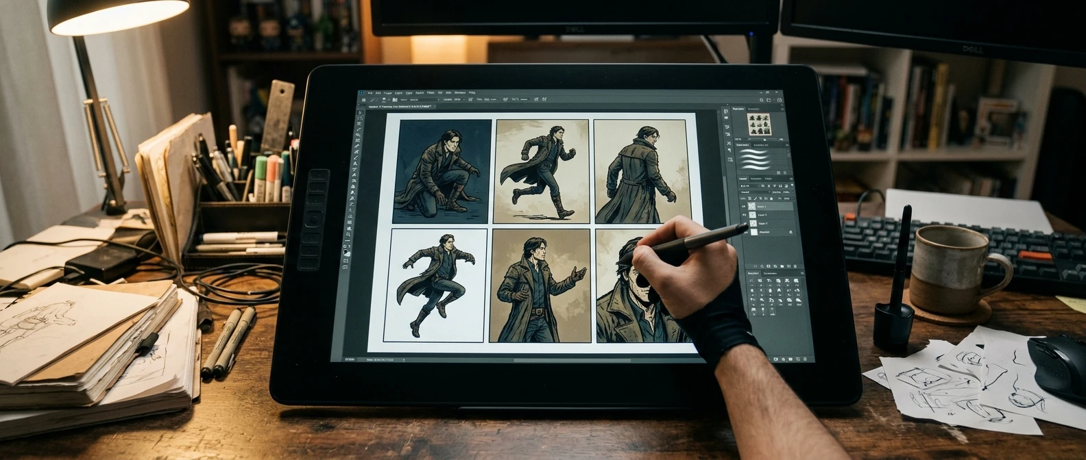 A six-panel comic page laid out on a drawing tablet, each panel showing the same inked character in a different pose and angle, consistent line weight and muted color palette tying the panels together under soft studio light.