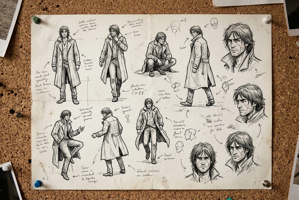 A character reference sheet showing one inked figure repeated in multiple small poses around the page, consistent face, scar, trench coat and hair across each pose, pinned to a corkboard with pencil notes beside it.