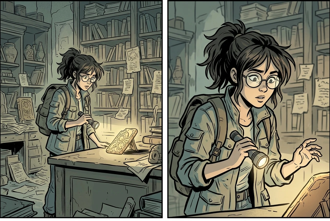 Two comic panels placed side by side for comparison, the same character rendered with identical bold black outlines, two-tone cel shading and muted desaturated colors in both, emphasizing matching line weight and palette.