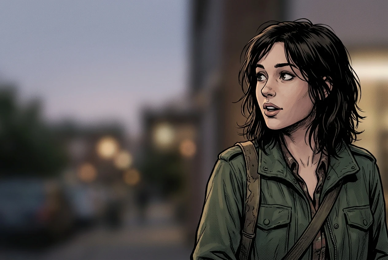 A comic panel with a character positioned to the right side of the frame against a plain blurred background on the left, an empty rectangular space in the upper corner clearly left open for a speech bubble.