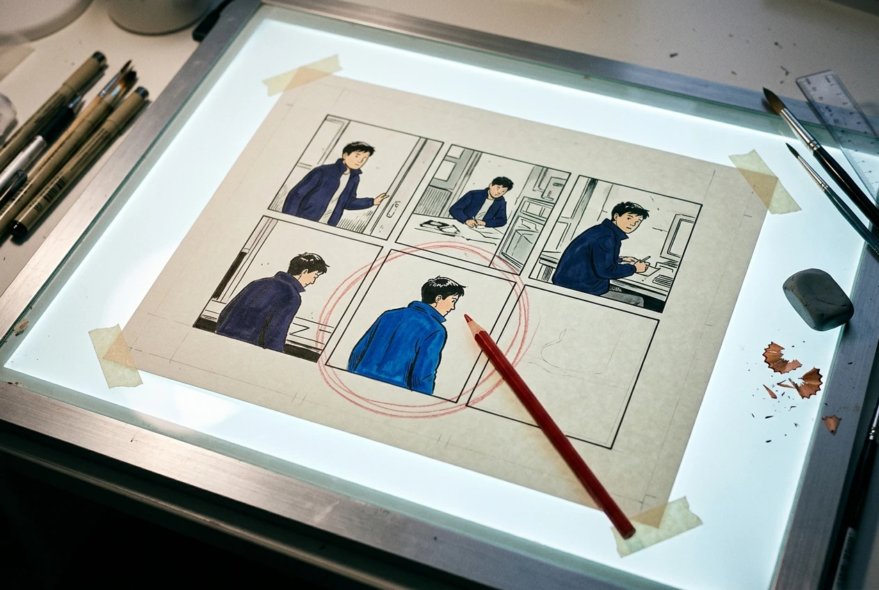 A finished six-panel comic page laid out on a light table, five panels sharing matching linework and jacket color while one panel in the middle stands out with a noticeably different shade of blue, a red pencil circling the mismatched panel.