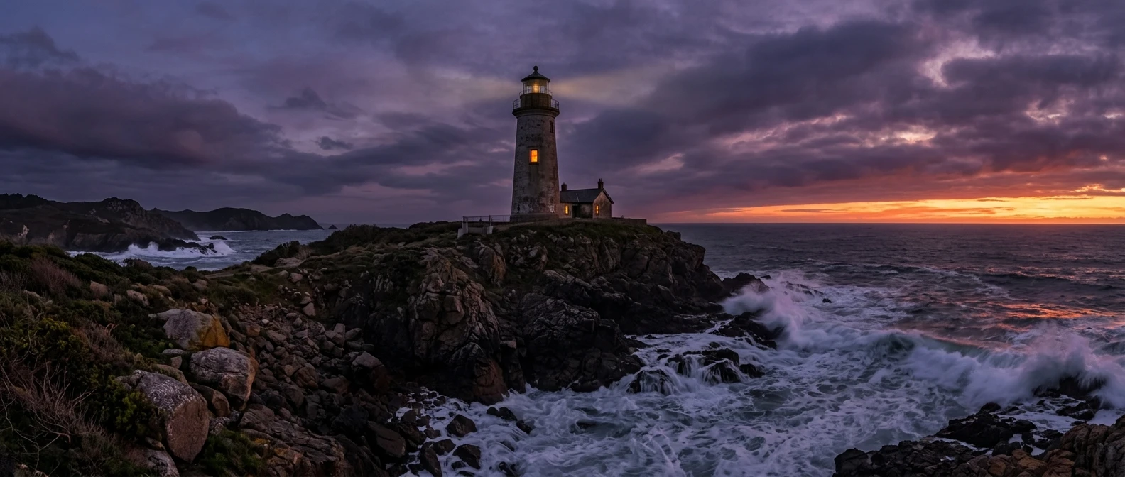 A lighthouse on a rocky cliff at bruised purple dusk, a single warm amber window glowing in the tower, a low sun smoldering on the horizon, waves breaking on dark rocks below.