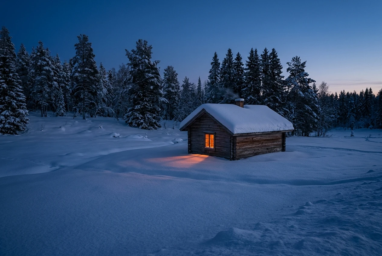 A small wooden cabin in a snowy field at blue hour, one window glowing warm amber against deep cold blue snow and sky, long soft shadows, pines silhouetted in the background.