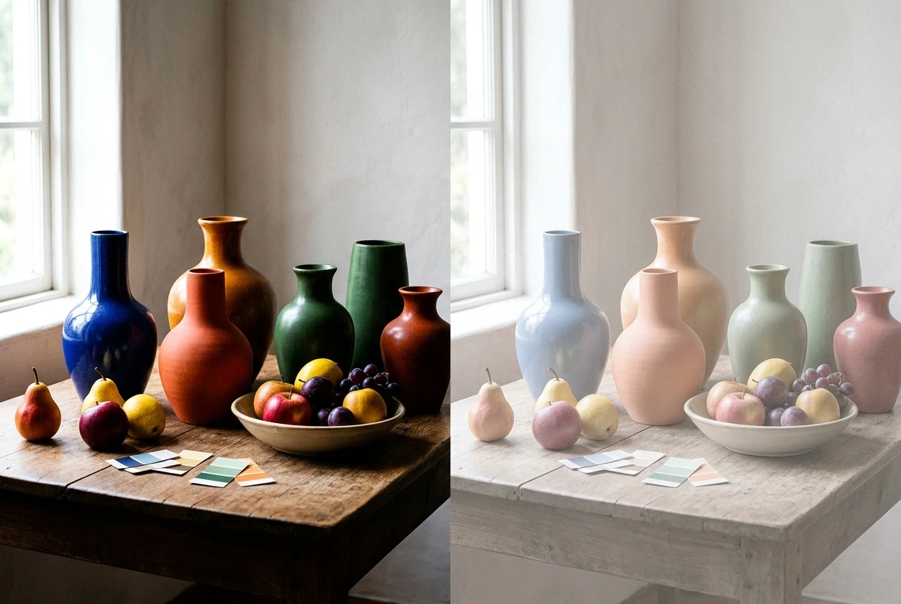 Two identical paint-swatch-style still lifes of ceramic vases and fruit on a wooden table side by side: left in vivid saturated color with deep black shadows, right in pale muted pastel tones with lifted gray shadows, same daylight from a window.