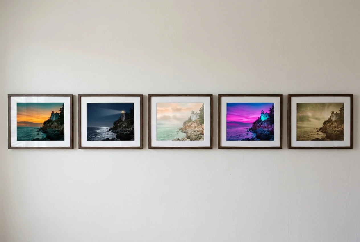 Five small framed photographs of the same lighthouse on a rocky coast lined up in a row on a pale wall: amber and teal dusk, silver-navy moonlight, peach and mint morning, magenta and cyan neon night, faded brown-green 1970s print.