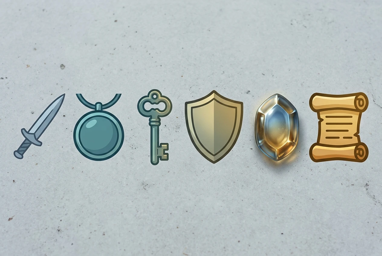 Six game item icons laid out side by side on a pale gray surface, where the outline thickness, tint and light direction visibly drift from one to the next, and one icon is glossy and realistic while